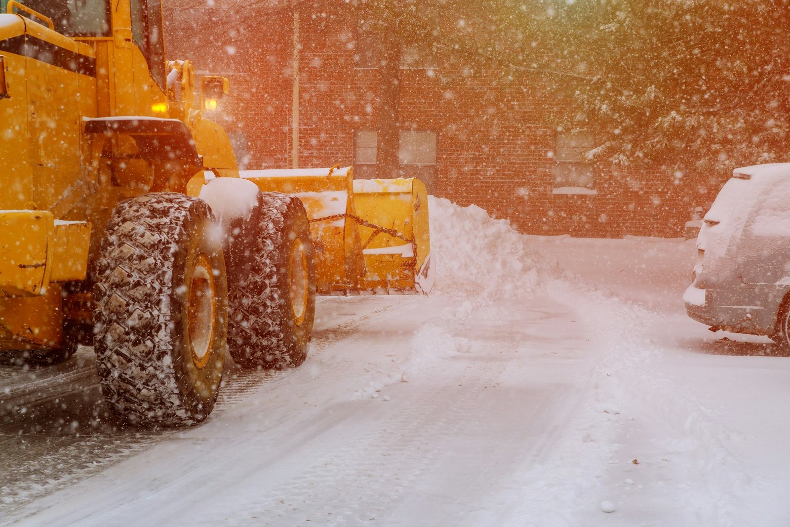 Clearing by the excavator of snow parking for cars winter snow background